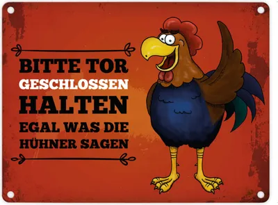 Produktbild von Metallschild mit Hahn Motiv und Spruch: Bitte Tor geschlossen halten ...