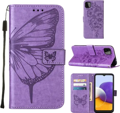 Produktbild von Galaxy A22 5G Hülle, Schmetterling Prägung Flip Leder Kartenfächer Schutzhülle Ledertasche mit Ständer für Samsung Galaxy A22 5G Violett