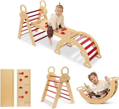 Imagen del producto de Juego de interior Montessori: Estructura de escalada 7 en 1 con tobogán y arco para bebés y niños, rampa de doble cara, triángulo de escalada, arco de escalada (1-3 años) (Rosa)