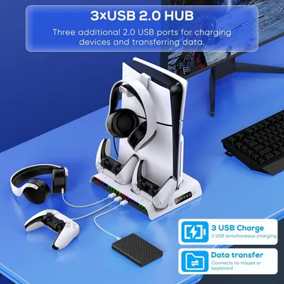 Produktbild von PS5 Slim Konsole Stander mit Lufter/Ladestation PlayStation 5-Controller Standfuß Zubehör kompatibel mit Playstation5 Slim Digital/Disc Edition mit 9