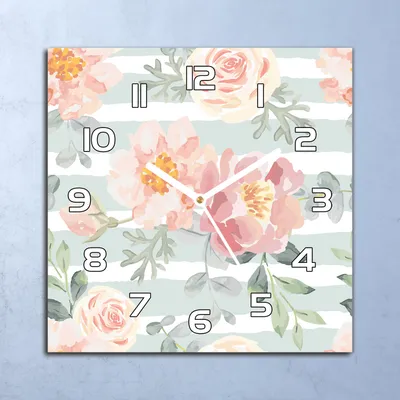 Produktbild von Deko Glasuhr Wanduhr 30x30 Aquarell rosa Blumen Quarz Küchenuhr Bürouhr