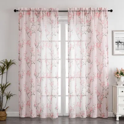 Blush-rosa Voile-Gardinen mit Blumenmuster, 160 cm, 2er-Set