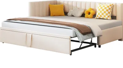 Produktbild von Fortuna Lai Multifunktionales L-förmiges Schlafsofa mit Ausziehbett 90/180*200cm, Polsterbett in Samtstoff, platzsparendes Design für Kinderbett, Gästebett Beige