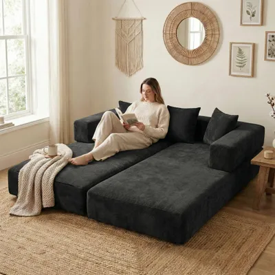A woman is reading a book on a modular sofa in a living room.