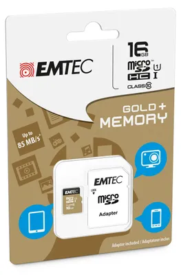 Produktbild von Emtec microSD Class10 Gold+ 16GB, 16 GB, MicroSDHC, Klasse 10, 85 MB/s, 21 MB/s, Blau, Gold