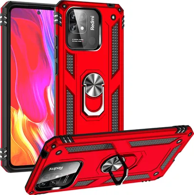 Produktbild von Redmi 10C Hülle, Dual Layer Robust Militäre Schutzhülle mit Ringhalterung Ständer für Xiaomi Redmi 10C Rot