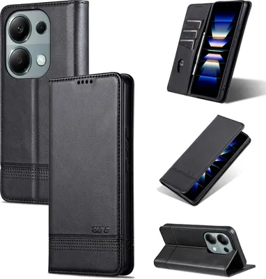 Produktbild von Leder Hülle für Xiaomi Redmi Note 13 Pro 4G, Klapphüllen Brieftasche Magnetverschluss Ständer Schutzhülle Schwarz