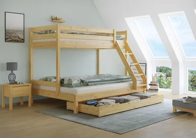 Produktbild von Doppel-Etagenbett 140x200 und 90x200 Erwachsenen-Stockbett Kiefer Massivholz natur V-60.18-09-14Rollrost und Bettkasten inkl.