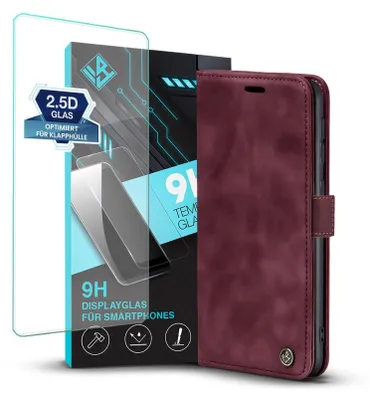 Produktbild von Handy Hülle für Samsung Galaxy Xcover7 mit 9H Displayglas Klapphülle Bookcase Flip Cover Handy Tasche Etui Farbe: Weinrot
