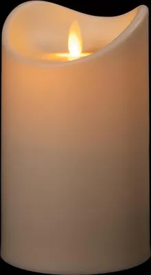A close-up of a cream-colored LED candle with a flickering flame.