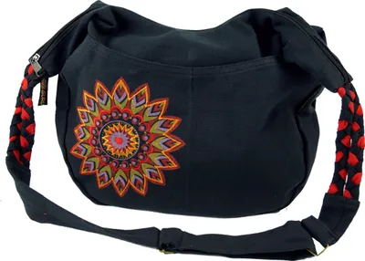 Produktbild von Ethno Boho Schultertasche, Goa Tasche Mandala - Schwarz/rot, Uni - Erwachsene, Baumwolle, 26*33*5 cm, Alternative Umhängetasche, Handtasche aus Stoff
