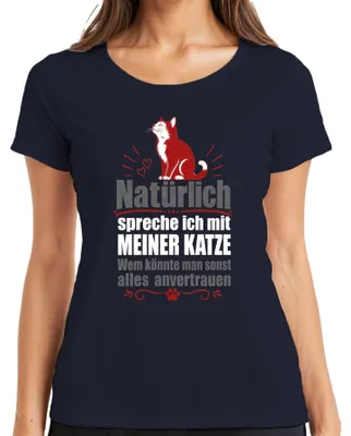 Immagine prodotto di Maglietta da donna, taglia 3XL, colore blu navy, con la scritta "Certo che parlo con il mio gatto" e un'immagine sarcastica di un gatto