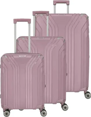 Three rose-colored suitcases of varying sizes are displayed side-by-side against a white background.
