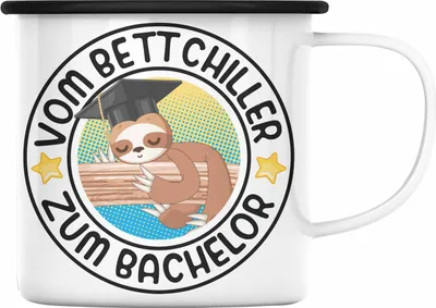 Produktbild von Trendation - Vom Bett Chiller zum Bachelor Emaille Tasse Geschenk Prüfung Bestanden Graduation Lustiger Spruch Bachelor Geschenkidee (Schwarz)