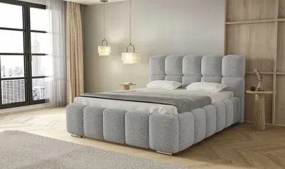 Produktbild von Polsterbett LUNA mit Kopfteil, 180 x 200 cm, Doppelbett mit Bettkasten und Lattenrost aus Metall, Boucle Stoff: Grau