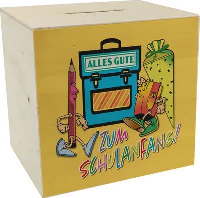 Produktbild von Alles Gute zum Schulanfang Spardose aus Holz in gelb