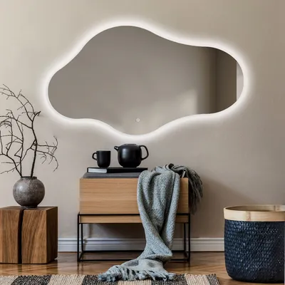 Produktbild von Unregelmäßiger asymmetrischer Spiegel mit LED Beleuchtung 114x64 cm - mit LED Beleuchtung - LED Farbe Kaltweiß 7000K - Individuell Nach Maß - Beleuchtet Wandspiegel Lichtspiegel Badezimmerspiegel - Sensor Schalter - CHM221