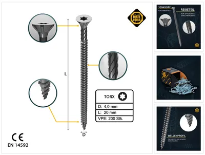 Immagine prodotto di 200x viti universali per legno 4,0x20mm T20 Torx per pannelli truciolari zincate