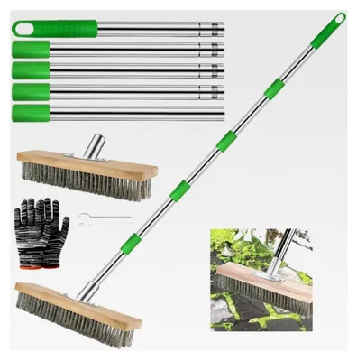 Produktbild von Drahtbesen mit 190 cm Stiel, Stahlbesen für Unkraut, 30 cm Drahtbesen Bürste für Pflastersteine, Moosentfernung, Algen in Dusche, Wand, Garage, Hof, Terrasse