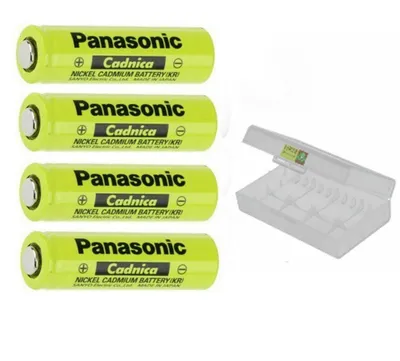 Four yellow Panasonic Cadnica AA batteries and a clear plastic battery storage case.