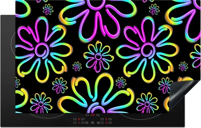 Produktbild von KitchenYeah© Herdabdeckplatte Blumen - Neon - Muster - Psychedelisch , 83x51cm, Küche Deko, Glaskeramikkochfeld Herdabdeckung, Abdeckplatte fùr Kochfeld