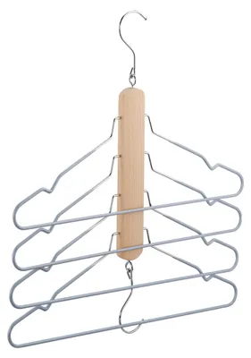 Immagine prodotto di 5 grucce multiple, salvaspazio, ciascuna con 4 ganci per camicie e barra per pantaloni, in legno e metallo, con ganci antiscivolo, colore naturale/grigio
