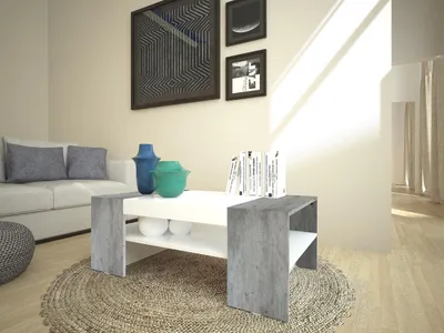 Produktbild von Couchtisch Kaffeetisch Sofatisch Beistelltisch Wohnzimmer Tisch "Cesena I" Weiß-Hochglanz / Beton