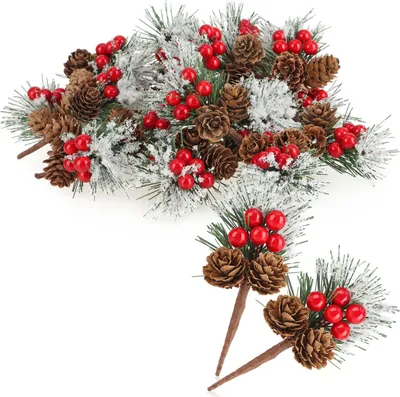Produktbild von com-four® 20x Deko-Zweig mit Lärchenzapfen, roten Beeren und Baumnadeln - Streudeko weihnachtlich - Dekozweig für Kränze und Gestecke