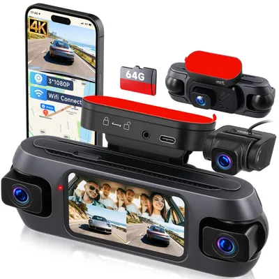 Productafbeelding van 4-kanaals dashcam auto, 4K met nachtzicht, G-sensor, parkeermodus, 64 GB TF-kaart