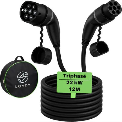 Image de Câble de recharge de type 2, 22 kW, triphasé, 12 m, mode 3, 32 A, câble de recharge EV de type 2 vers type 2 pour voiture électrique, avec sacoche