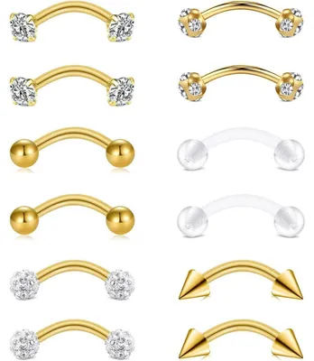 Zdjęcie produktu dla Zestaw do piercingu, 12 sztuk, stal chirurgiczna 316L: kolczyki typu "banan", do brwi, do chrząstki (helix, tragus), do przegrody nosowej (septum), kolczyki typu "huśtawka", kolczyki typu "circular barbell". Kolory: srebrny, różowe złoto, czarny. Rozmiar: 16G, 10mm, 3mm. Z cyrkoniami