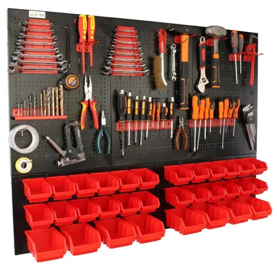 Image de Panneau mural pour atelier - Tableau de rangement - 120 x 90 cm - Métal - Pliable - 32 compartiments - Crochets rouges