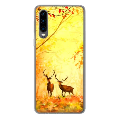 Produktbild von MuchoWow® Handyhülle Schutzhülle Hülle für Huawei P30 Natur - Ölfarbe - Hirsche - Tiere - Herbst - Orange Silikon Softcase Handy Hülle - Kartenbesitzer