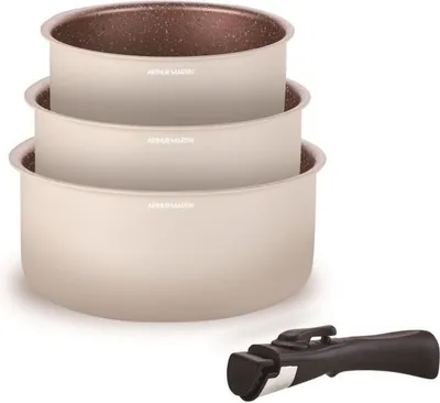 A set of three nested pots and a detachable handle, displayed against a white background.