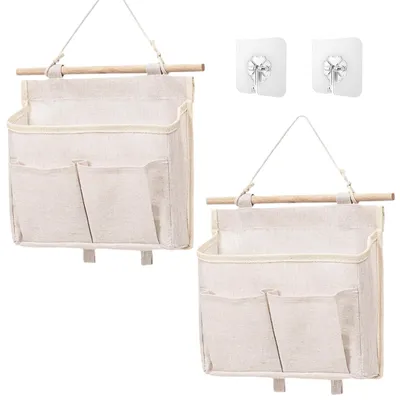 2er-Set hängende Aufbewahrungstaschen aus Baumwolle/Leinen, beige, 27x25x6 cm