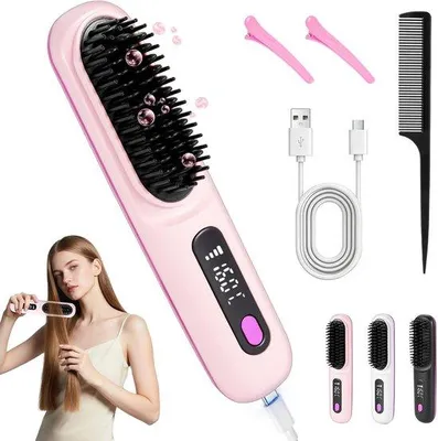 Produktbild von Elektrische Mini-Haarbürste, Wireless Styling Pinsel für kurze Haare, mit LED-Anzeige, 3 Temperatureinstellungen, Hot Comb für Reisen