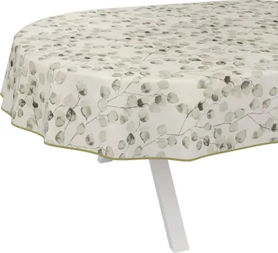 Produktbild von Tischdecke Botanisch Eukalyptus Beigegrau Oval 160x140cm mit Band-Kante Wachstuch abwaschbar