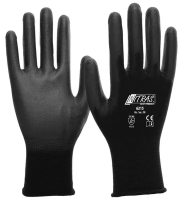 Produktbild von 20x NITRAS Nylonhandschuhe, schwarz, PolyurethanBeschichtung, schwarz (Farbcode: 1000), teilbeschichtet auf Innenhand und Fingerkuppen, Strickbun| Packung (12 Paare)