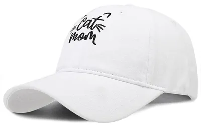 Immagine prodotto di Cappellino da baseball unisex, taglia unica, regolabile, effetto "distressed" (consumato), lavato, con motivo "gatto" e scritta "mamma", colore bianco, in cotone