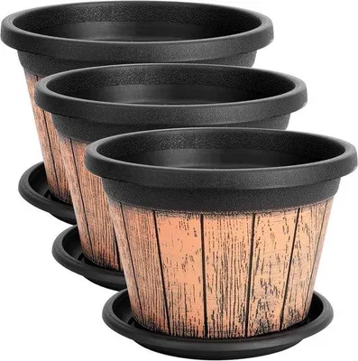 Zdjęcie produktu dla 3 doniczki z żywicy o średnicy 23 cm z otworami drenażowymi i podstawkami, do użytku wewnątrz i na zewnątrz