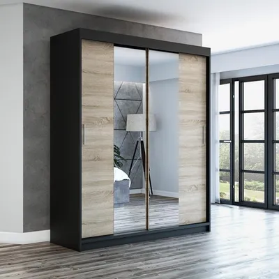 Produktbild von Schwebetürenschrank, 2-türig Schrank mit Spiegel! Moderne Garderobe für Kleidung. Verschiedene Farben (Weiß, Schwarz, Somona) Kleiderschrank NEO 180 cm