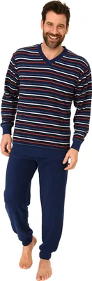 Produktbild von Langer Herren Frottee Pyjama Schlafanzug mit Bündchen - Streifenoptik - 291 101 13 649 ; marine , 56
