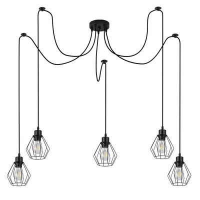 A black spider pendant light with five adjustable arms and geometric cages, shown against a white background.