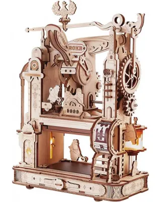 A detailed wooden model of a classic printing press.
