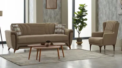 Produktbild von Komplette Dreisitzer Sessel 3 Sitzer Stoffsofa Polstersofa Beige Couch