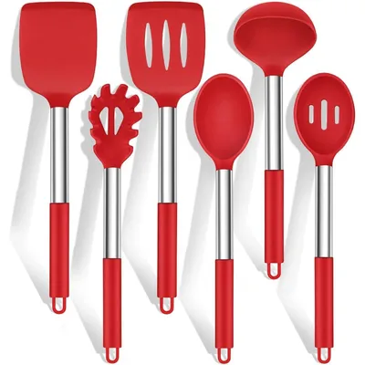Image de Ensemble d'accessoires de cuisine en silicone (6 pièces) avec manche en acier inoxydable, de couleur rouge. Antiadhésif, résistant à la chaleur, et lavable au lave-vaisselle