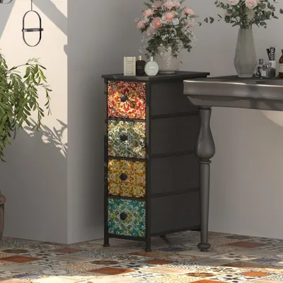 Obrázok produktu pre Úzka komoda so 4 zásuvkami potiahnutými látkou, s bohémským vzorom, kovový rám, rozmer 48x25x72 cm