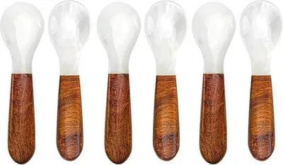 Produktbild von Famanu Set von 6 Perlmuttlöffeln - 12 cm, mit Holzgriff für Kaviar und Eier