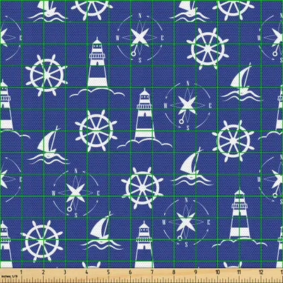 Produktbild von ABAKUHAUS Leuchtturm Gewebe als Meterware, Marine Silhouetten Kompass Schiffe und Lenkrad nautische Anordnung, 10 M (148 x 1000 cm), Violett Blau Weiß