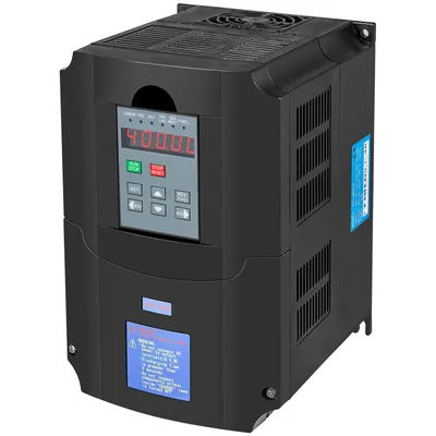 A black variable frequency drive with a digital display and control panel.